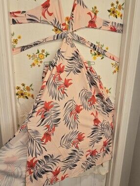 tropical floral halter wrap dress, S/M